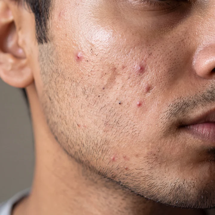 Close-up of a man’s skin with mild acne