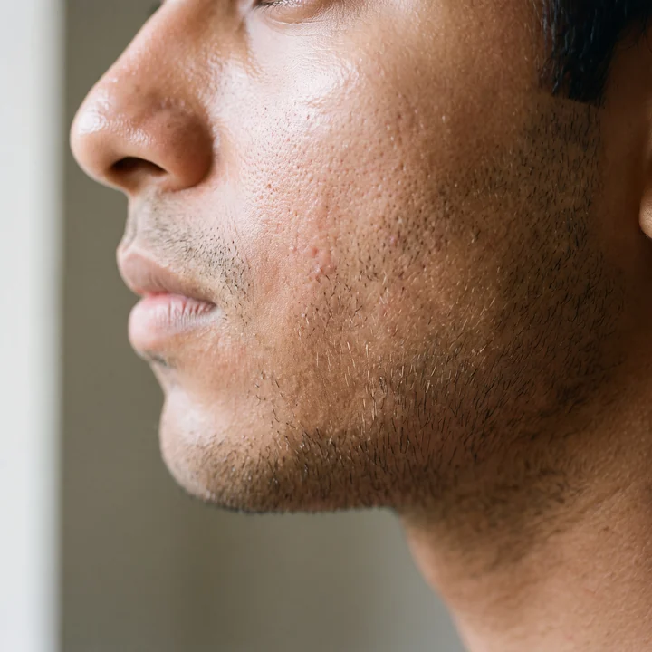 Close-up of a man’s oily skin with enlarged pores